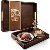 Teak Ottoman Tray with Brass Handles, Large Wooden Serving Tray 17x13 in | Ottoman Decor | Brass Handles | Rustic Farmhouse Tray | Decorative Coffee Table Centerpiece | Non Slip | Food-Safe Finish