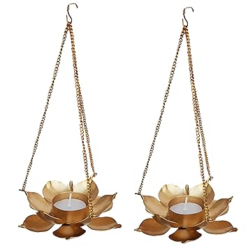 Urvi Creations Set of 2 Metal Brass Golden Lotus Shape Tealight Diya Candle Holder for Diwali Festival Christmas Home Decorations Lights