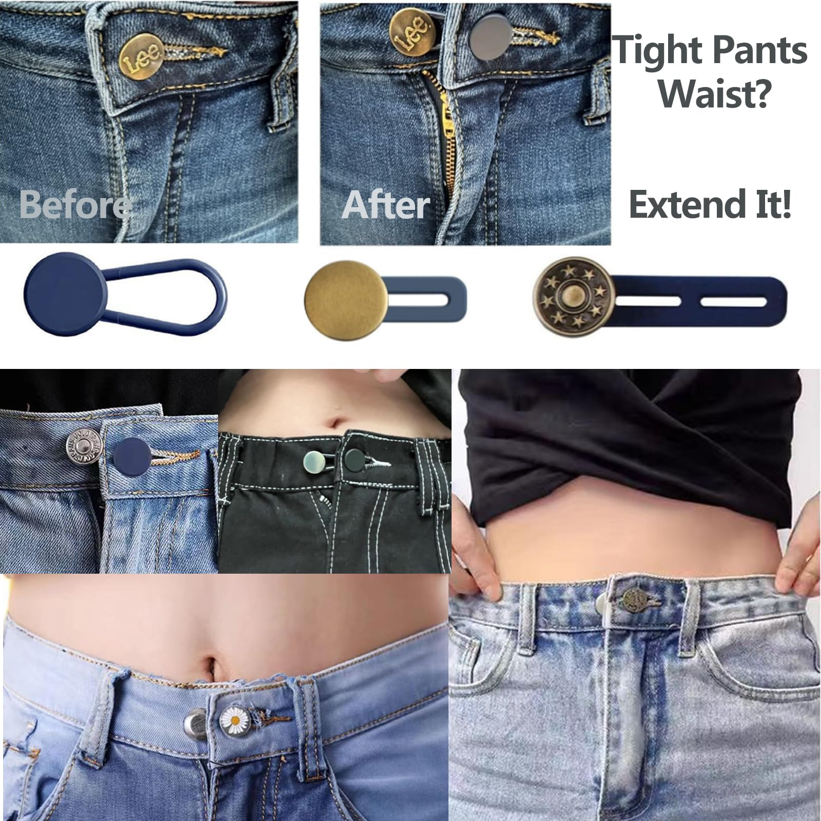 12PCS Button Extenders for Jeans, KAJUDA Pants Button Extender - Instant Waistband Extension - Adjustable Waist Extenders for Men and Women, No-Sew Solution, Assorted Colors