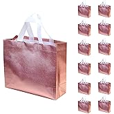 Mycts Set of 12 Glossy Reusable Grocery Bags Reusable Gift Bags with Handles Bachelorette Bag Non-Woven Bridesmaid Gift Bag for Women Birthday Wedding Party Mother's Day Christmas Rose Gold