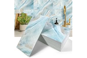 MOONFUN 50-Pieces Thick PVC Subway Tile,4"x 8" Peel and Stick Backsplash Wall Tiles,Blue Marble Self-Adhesive Backsplash for Kitchen,Bathroom,Living Rooms,Fireplace,RV(11.11 Sq. Ft. Coverage)