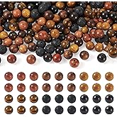 KISSITTY 300Pcs 6 Style Natural Wood Round Gemstone Beads Kit for Easter 8mm Lava Rock Bead & Grade AB Tiger Eye Wood Bead Natural Polished Wooden Ball Loose Beads for Men Bracelet Jewelry Making
