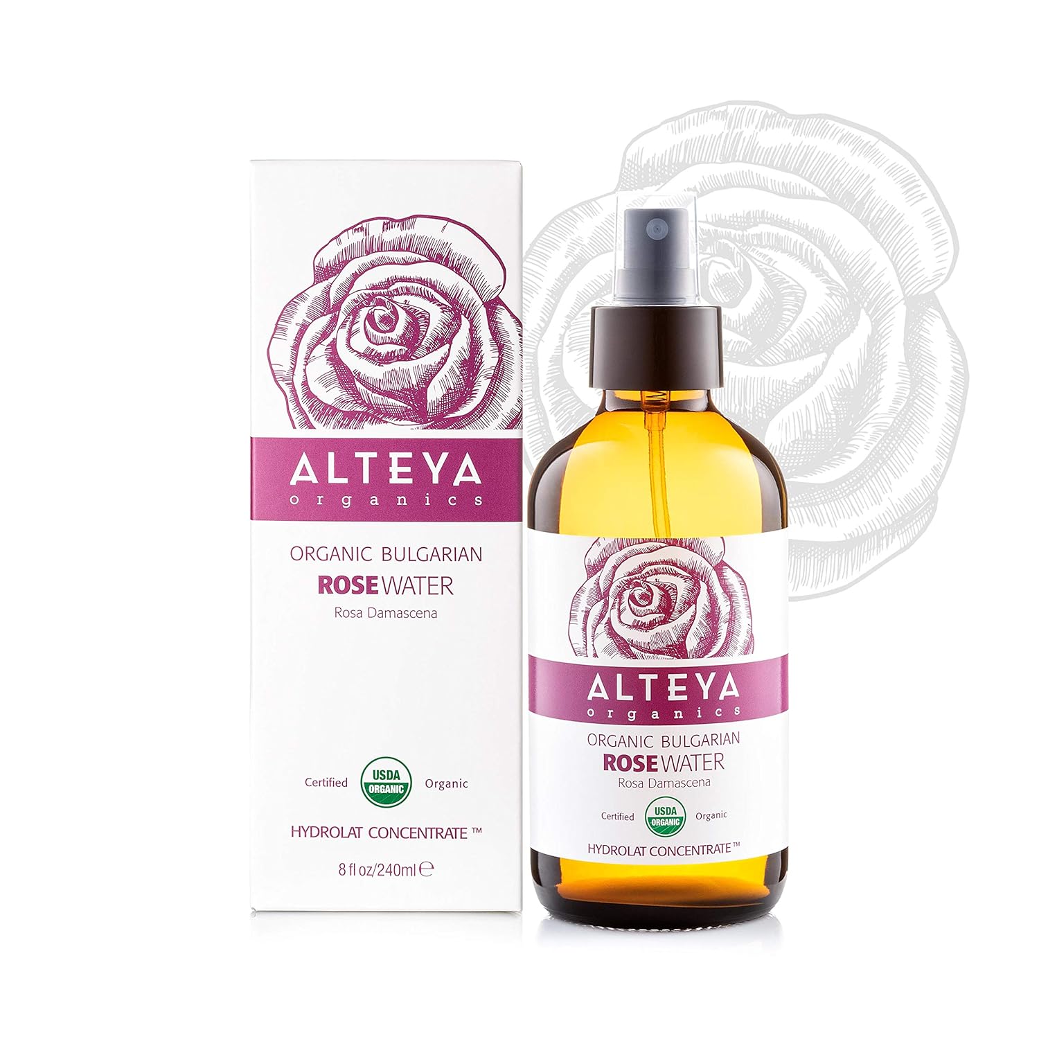 Alteya Organic Rose Water Spray 240ml Glass bottle- 100% USDA Certified Organic Authentic Pure Natural Rosa Damascena Flower Water Steam-Distilled and Sold Directly by the Rose Grower Alteya Organics