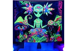 Meagtlva Black Light Alien Tapestry, Wall Hanging Mushroom Tapestry,Leaves Tapestry, Alien Poster UV Light Tapestry for Bedro