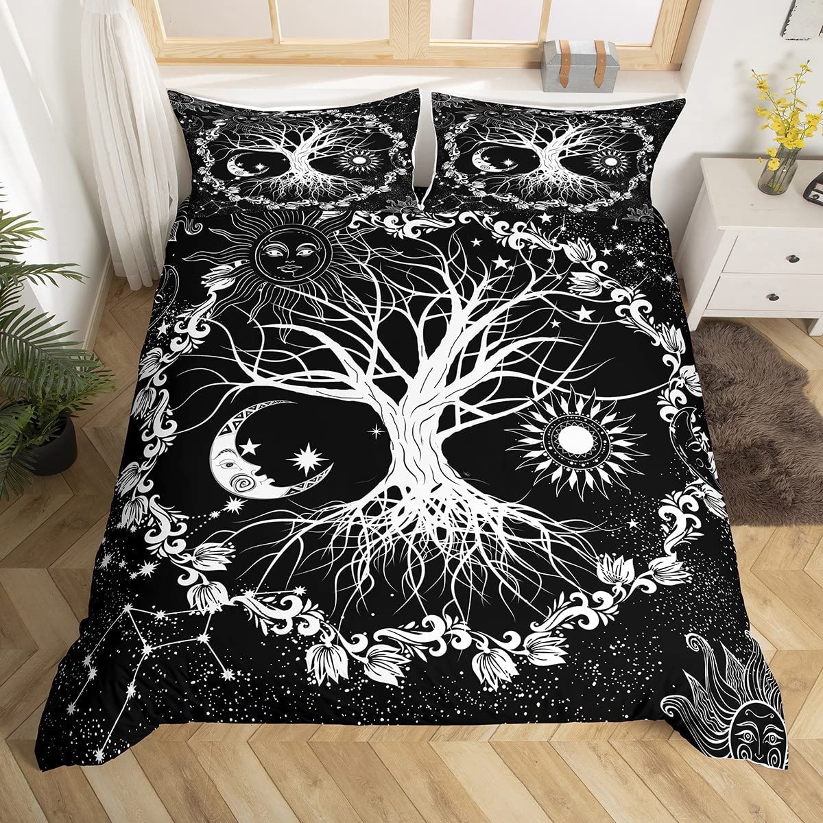 Loussiesd Tree of Life Boys Duvet Cover Set Sun and Moon Bedding Set Kids Teens Black and White Constellations Duvet Cover Set Floral Botanical Quilt Cover King Size