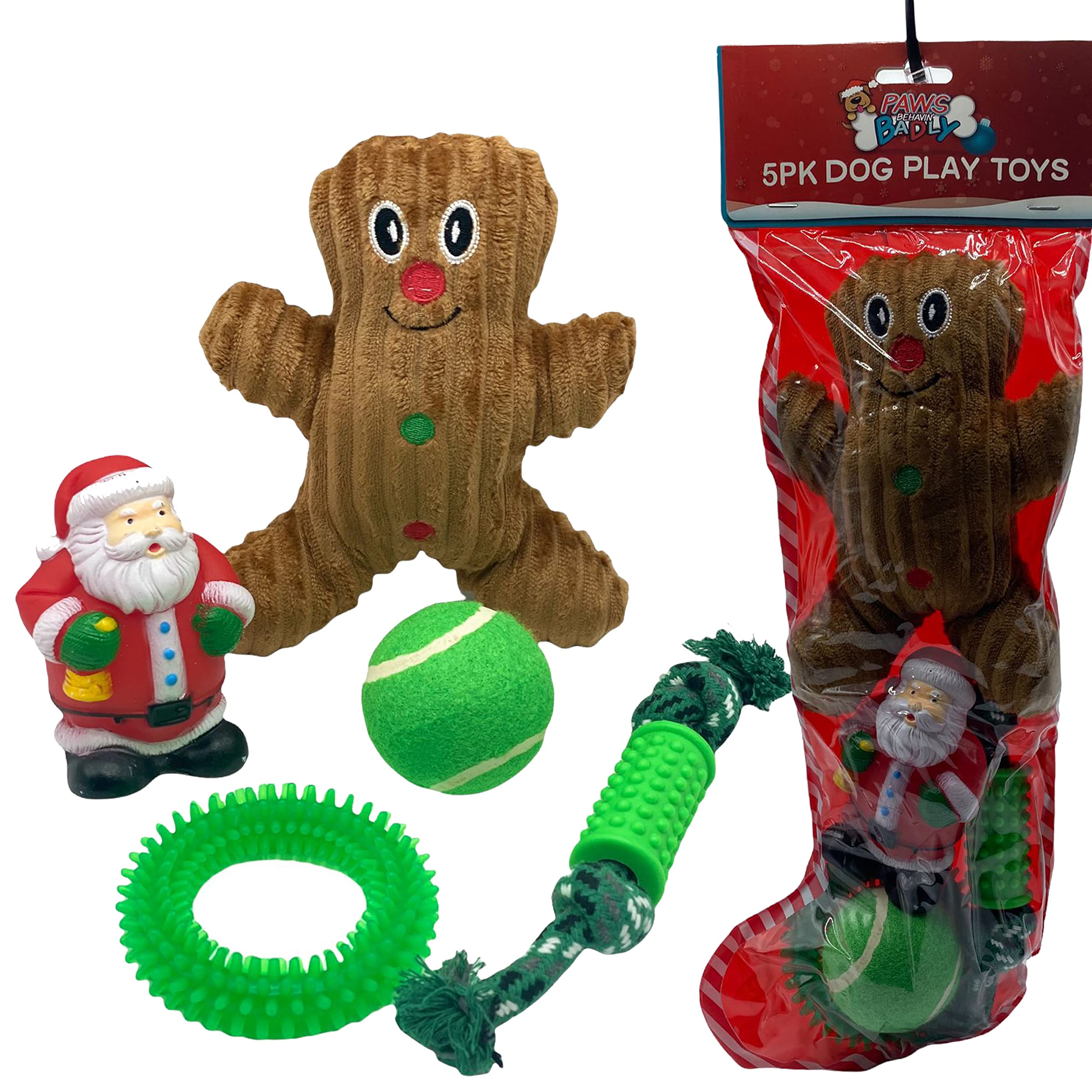 Dog Pack of 5 Interactive Christmas Pet Chew Toy Squeak Honking Dog Toys Santa Ginger Ball & Rope Xmas Puppies Doggy Toys Xmas Gift Pack of 5…