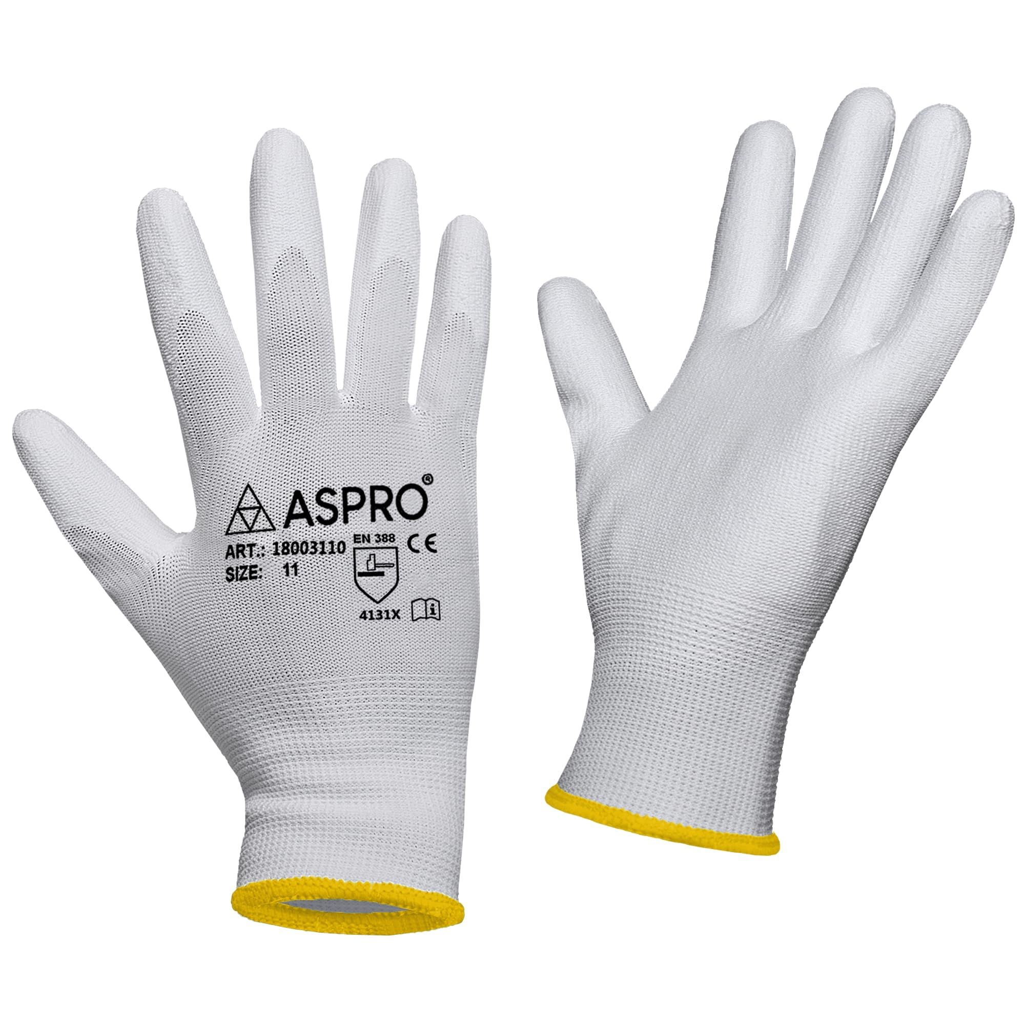 10 Pairs - Size S(7) - White Nylon PU coated work gloves for builders, gardeners, etc - By ASPRO (10 pairs, SMALL (size 7))