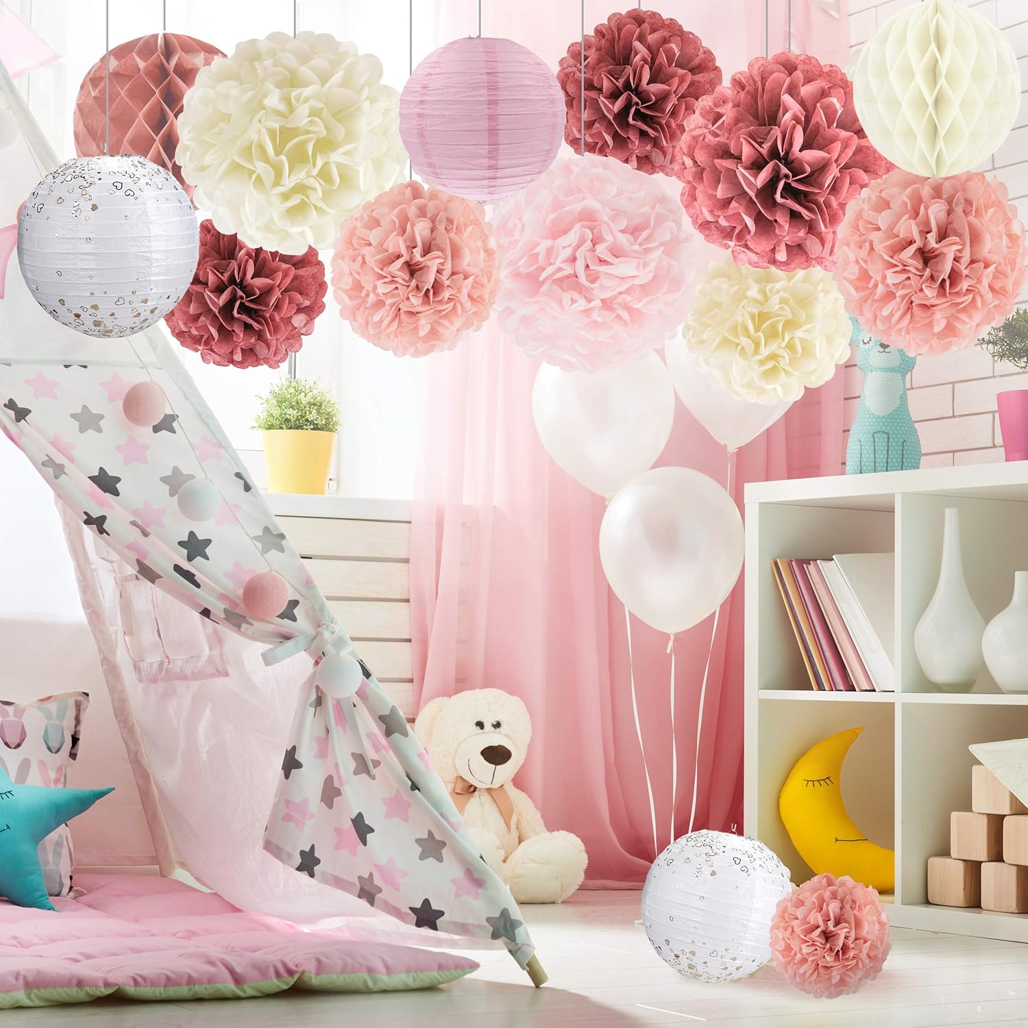 EpiqueOne Special Occasion Decoration Set - 22 Pcs Dusty Rose, Mauve, Blush Pink, Cream Decoration Kit - Pom Poms, Lanterns, Honeycomb & Garland - Decor for Birthday, Wedding, Baby Shower Party: Health & Personal Care