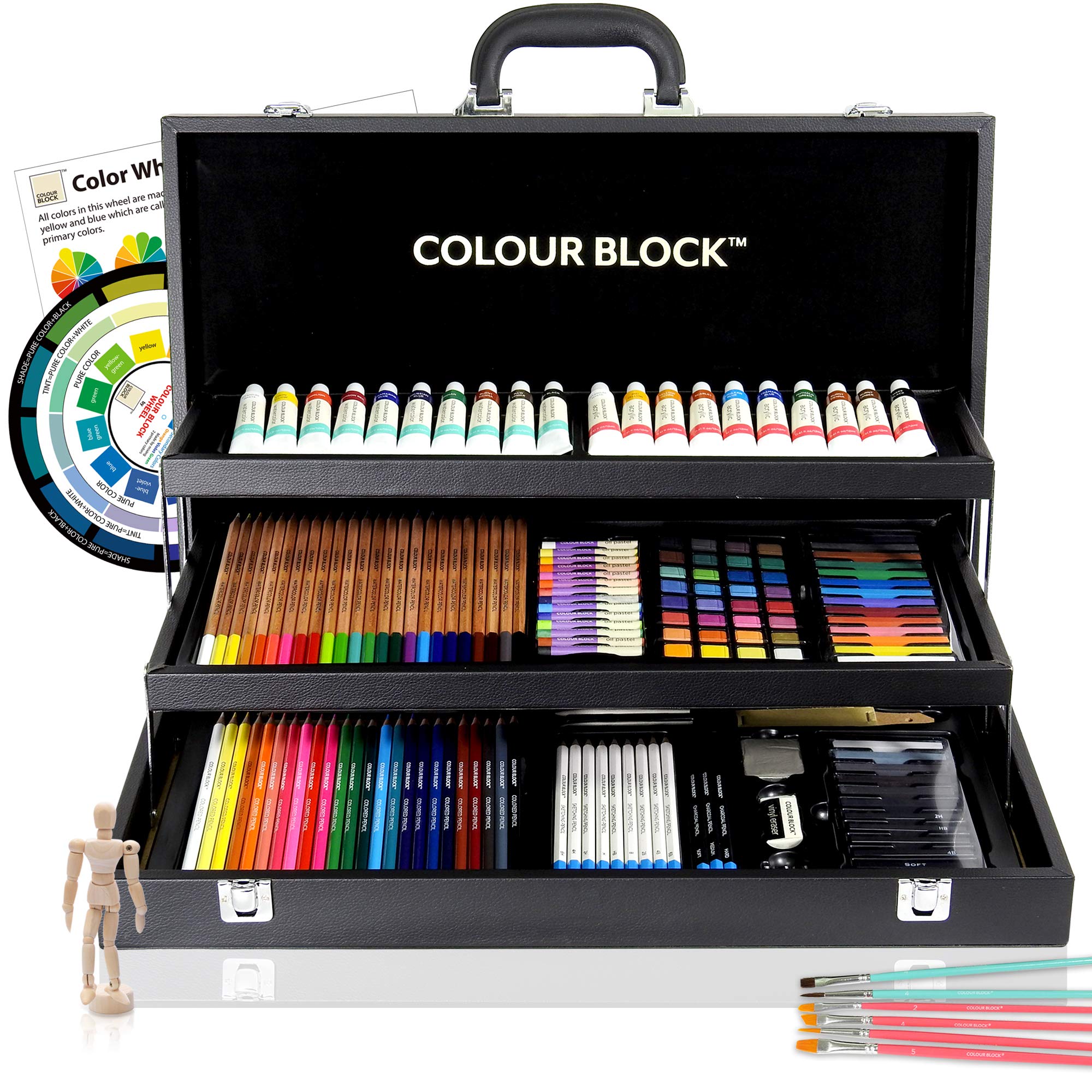 COLOUR BLOCK 181 pc Mixed Media Art Set in Durable Exquisite PU leather Case - Soft & Oil Pastels, Acrylic & Watercolor Paints, Sketching, Charcoal & Colored Pencils and Tools