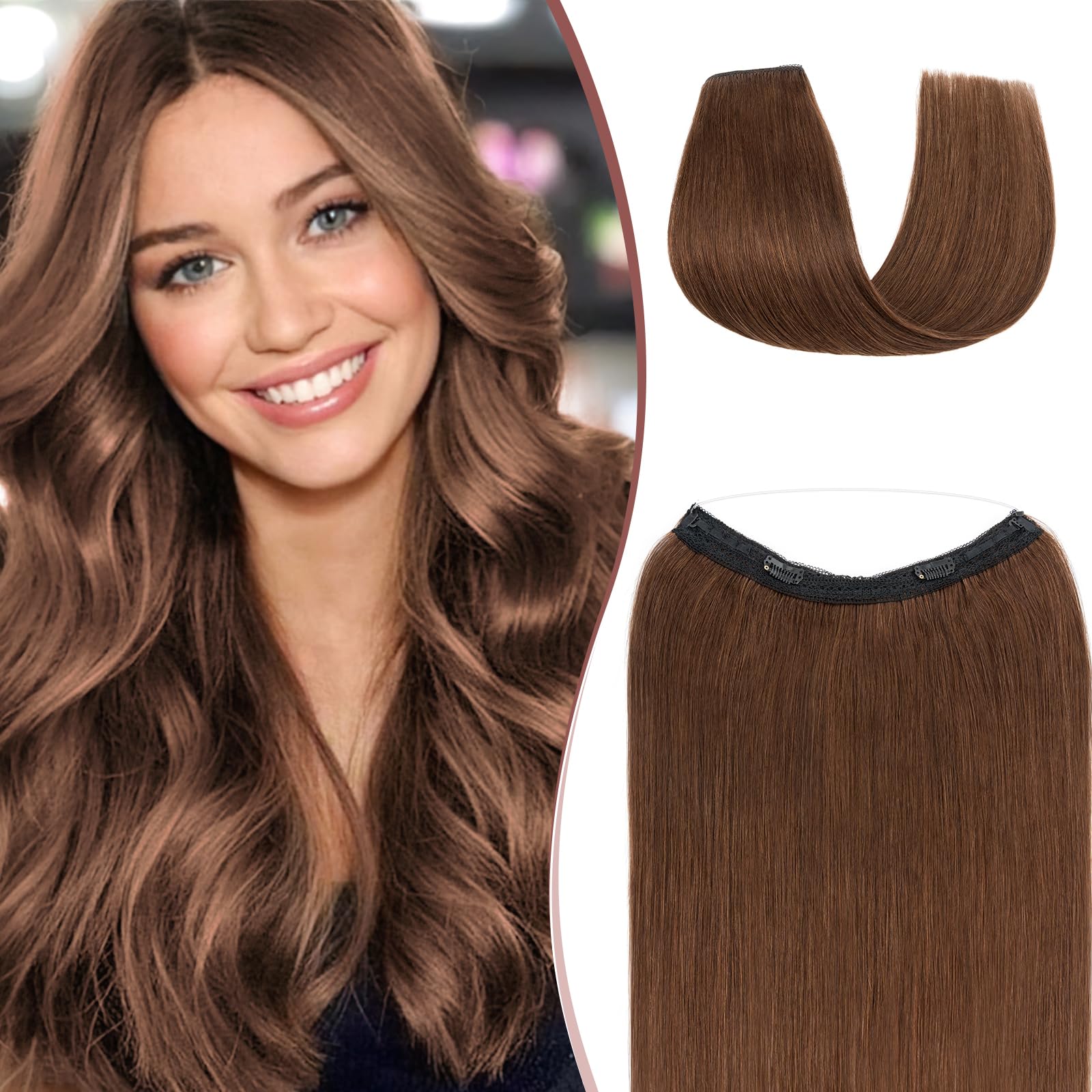 SEGOHAIR Halo Hair Extension Real Human Hair, 12 Inch 80g Straight One Piece Invisible Secret Wire Extensions Medium Brown Headband Remy Human Hair Perfect for Added Length & Volume