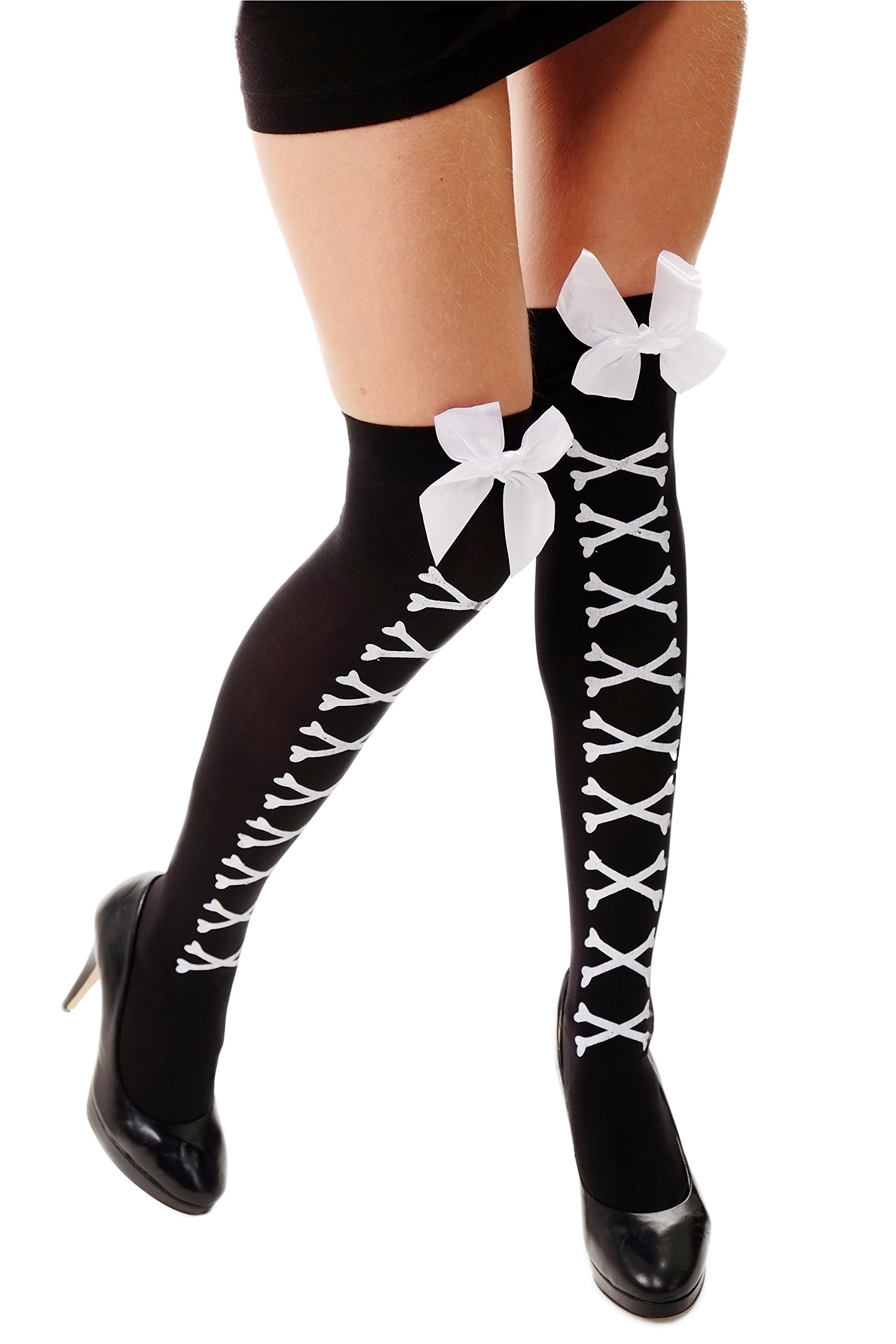 DRESS ME UP - Z168 Lady's Stockings thigh-hIgh overknee Carnival Halloween black white bones ribbons Gothic