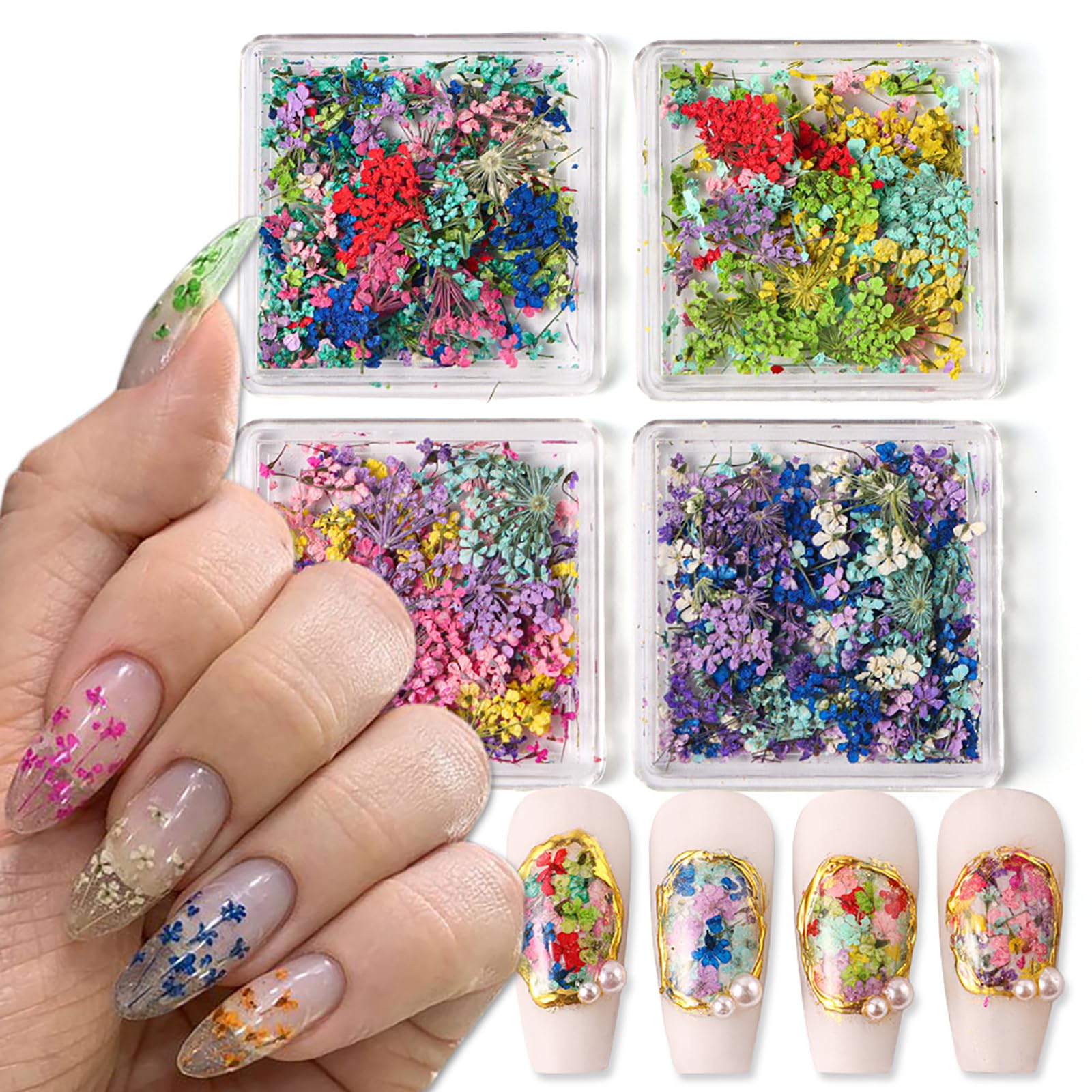 Dry Flowers Nail Art,4 Boxes 3D Nail Art Dried Flower,Colorful Natural Real Dried Flower Nails Decals Supplies for Manicure Design Decoration DIY Craft (Colorful 4 Boxes)