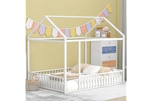 HANLIVES Full House Bed for Kids, Montessori Floor Bed with Rails,Metal Floor Bed Frame Full with Roof, Full Kids Bed Floor Bed for Kids, Girls, Boys(White)