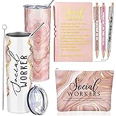 Domensi 6 Pcs Social Worker Appreciation Gifts for Women Lady Include 20oz Tumbler Makeup Bag A6 Leather Notebook Ballpoint Pens School Social Worker Must Haves Office Supplies(Pink)