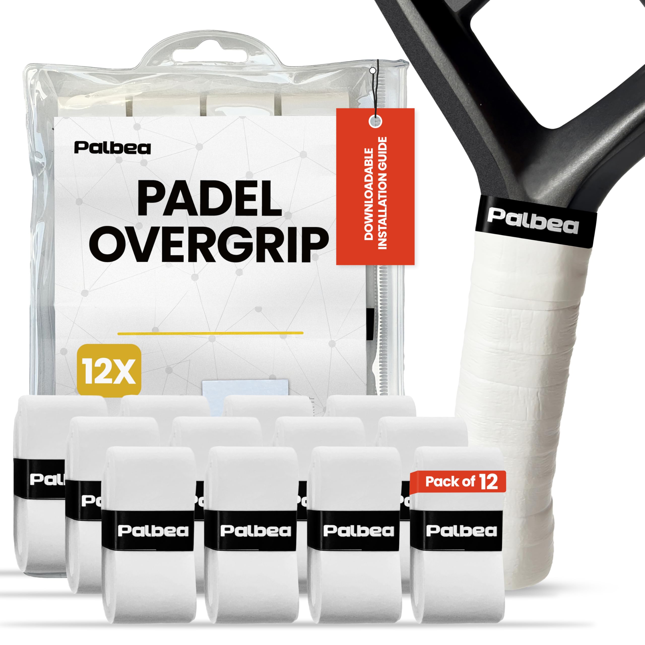 Palbea Padel OverGrip in White - Extra Tacky - Pack of 12 - Superior Sweat Absorption - Non-Slip Grip Tape for Padel & Tennis Rackets - Soft Feel - Specially Crafted for Padel Racquets.