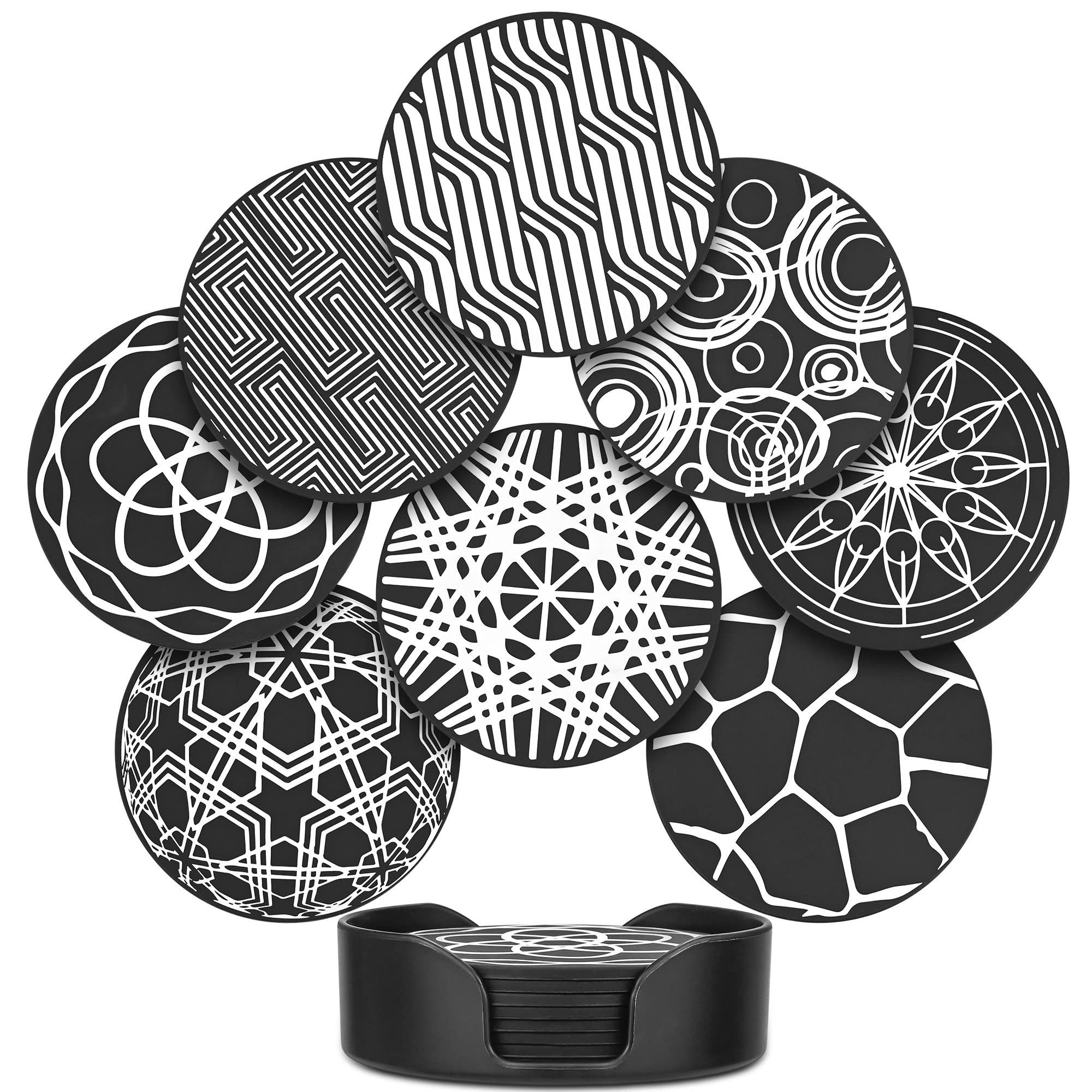 JTOOYS Drink Coasters Set of 8, Black Round Silicone Rubber Cup Pad Square Storage Box Non-slip Mug Mat Decorative Cup Coasters Homes Bars Coffee & Most of Cups Beer Mug Wine Glass Bottle - 9.8cm