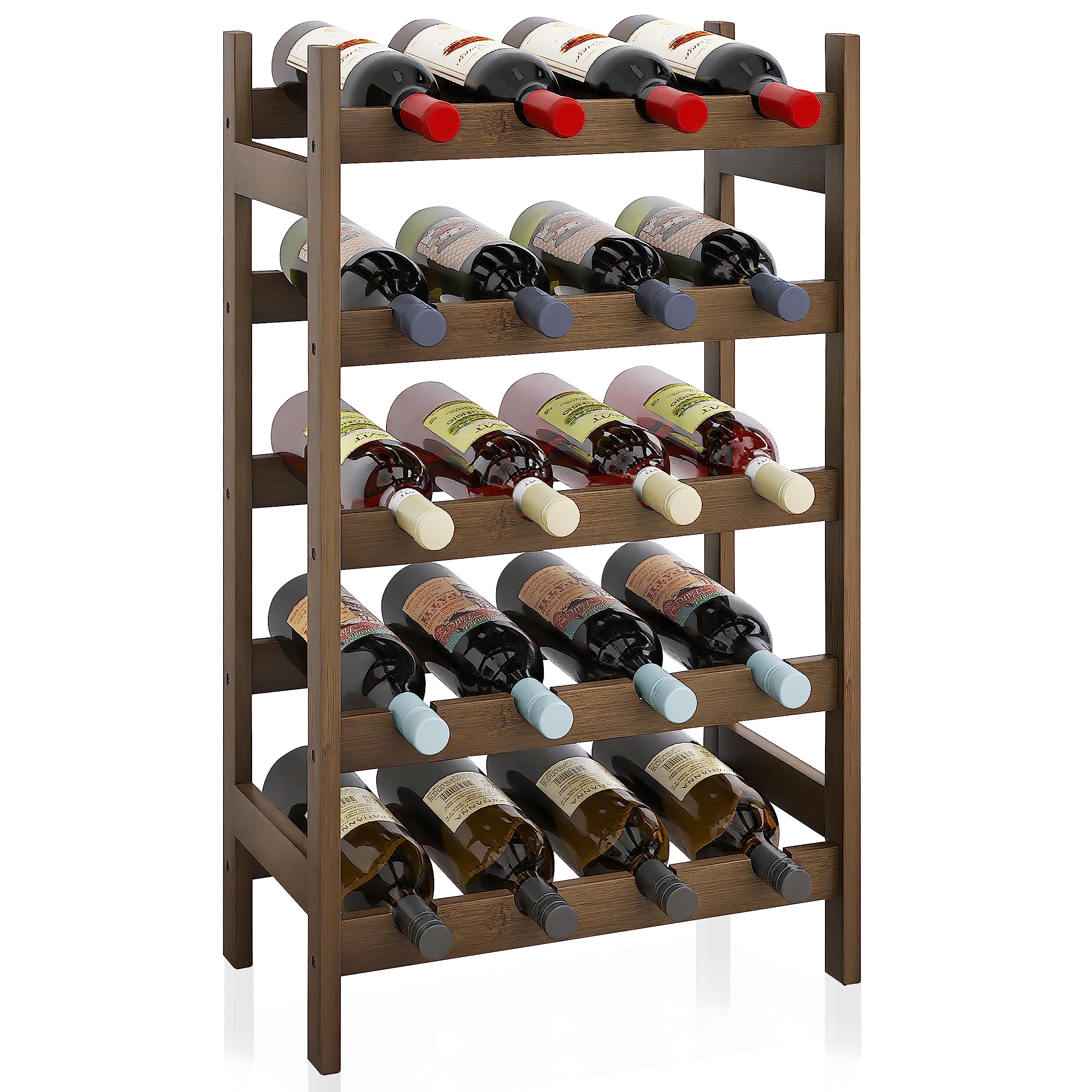 SMIBUY Bamboo Wine Rack, 20 Bottles Display Holder, 5-Tier Free Standing Storage Shelves for Kitchen, Pantry, Cellar, Bar (Walnut)