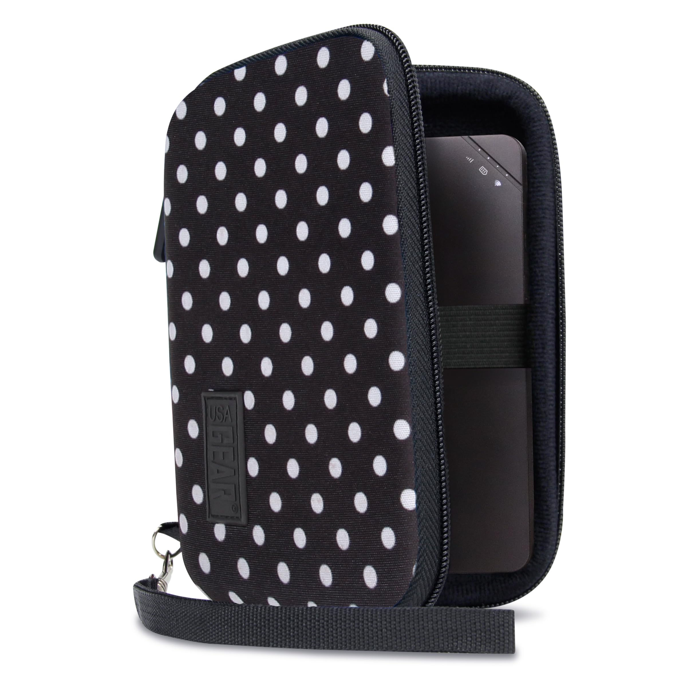 USA Gear Portable WiFi Hotspot Hard Case - WiFi Booster Travel Case with Wrist Strap - Compatible with MERCUSYS MT110, ZTE MF920, TP-Link M7450, D-Link DWR-2101 - Polka Dot — image 1