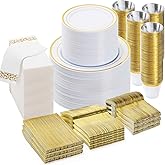 BESTVIP 700 PCS Gold Dinnerware Set for 100 Guests, Plastic Dinnerware Set for Party, Christmas, Include: 200 Plastic Plates, 100 Gold Silverware, 100 Cups, 100 Paper Napkins