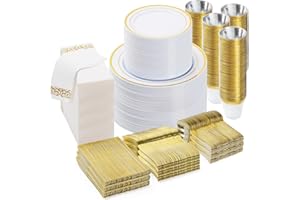 BESTVIP 700 PCS Gold Dinnerware Set for 100 Guests, Plastic Dinnerware Set for Party, Christmas, Halloween, Include: 200 Plastic Plates, 100 Gold Silverware, 100 Cups, 100 Paper Napkins