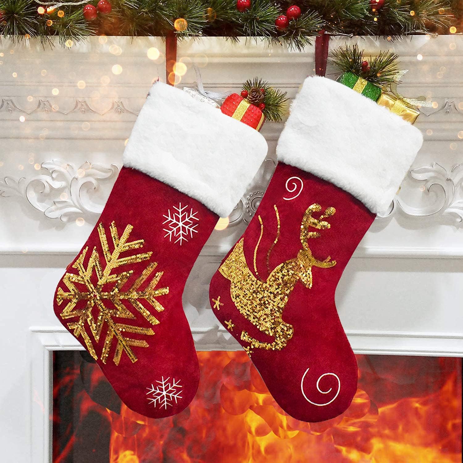Stockings & Holders - BeneFine Christmas Stockings, 2 Pcs 18 inches Christmas Stockings, New Embroidery Sequins Red Velvet Decor Hanging Ornament Fireplace Xmas Tree Holiday Party Decoration