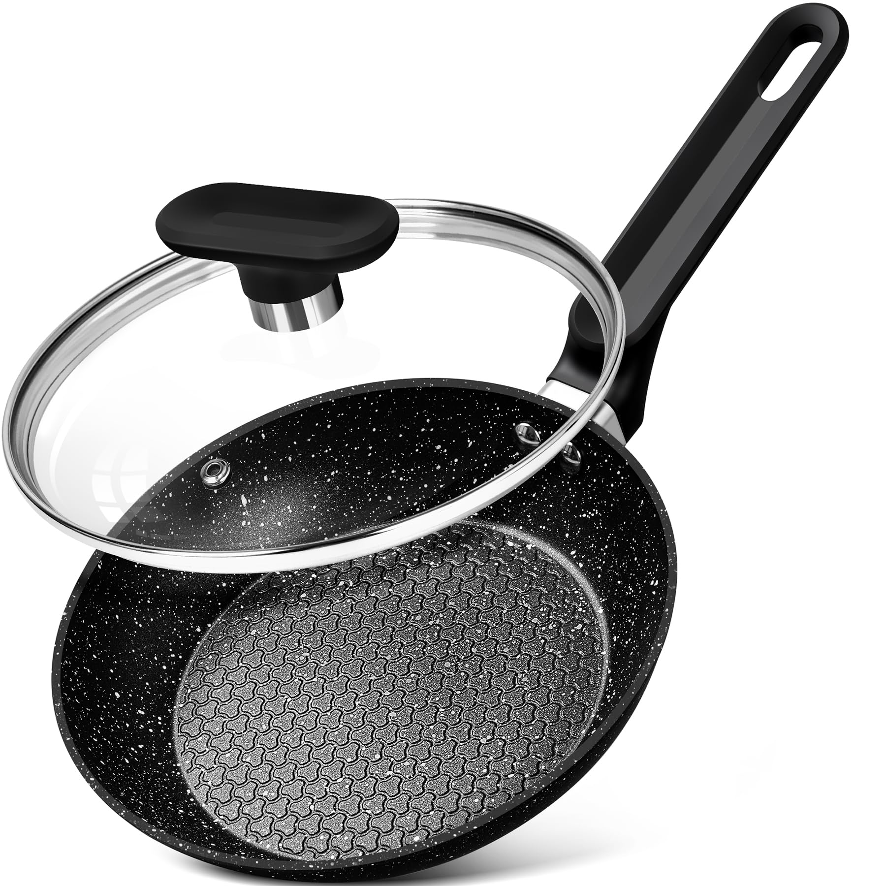 MICHELANGELO 20cm Small Frying Pan with Lid, Non-Stick Stone Coating, Healthy & Non-Toxic Granite, Black