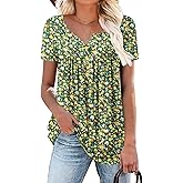 ROSELINLIN Women's Short Sleeve Shirts Floral Summer Tops Loose Fit for Leggings