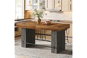 LITTLE TREE 63" Rectangular Bar Table, Rustic Industrial Counter Height Bar Table with Heavy-Duty Wood Base & Metal Footrest,