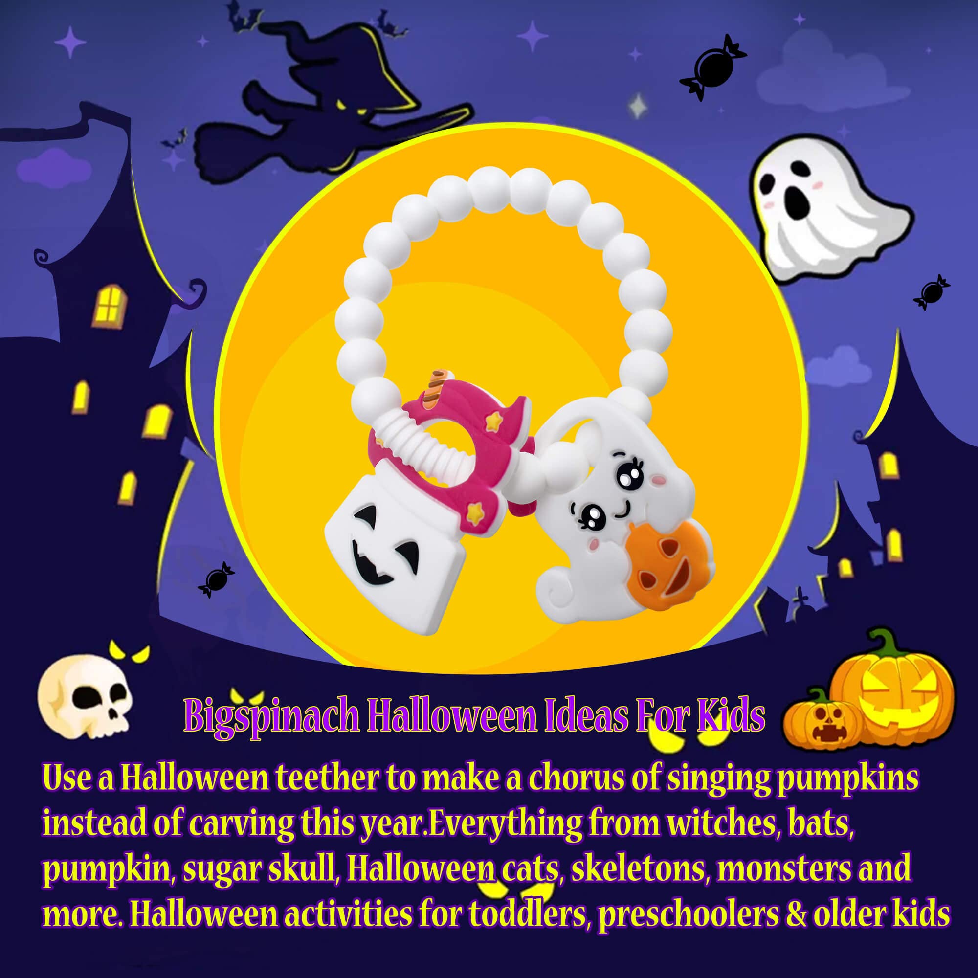 BIGSPINACH BIGSPINACH Ghost Teether and Cute Ghouls Ring Teether Halloween Activities for Toddlers, Preschoolers & Older Kids