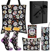 SilTriangle 6 Pcs Christmas Gothic Gifts for Women Include Skull Tumbler Canvas Bag Makeup Bag Sock Greeting Card and Black Gift Box Holiday Spooky Party Favors for Mexican Women Friends