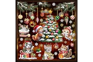wondever 3D Cats Christmas Tree Window Clings Xmas Tree Snowflake Glass Sticker Decal Anti Collision Double-Side Static Window Decals for Christmas Party