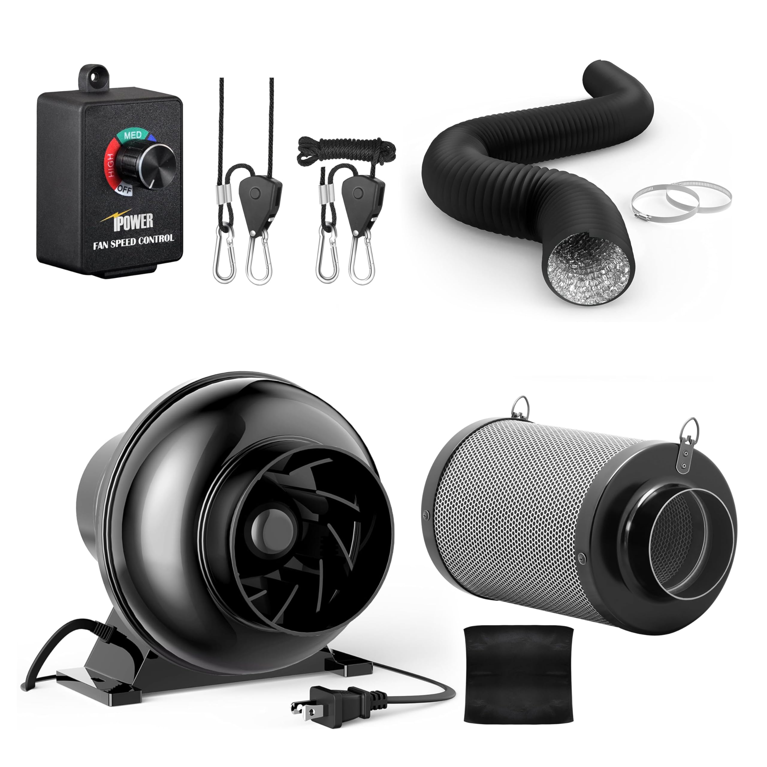 iPower 4 Inch Inline Fan, Air Carbon Filter, 8 Feet Black Ducting, Speed Controller, Rope Hanger for Grow Tent, Greenhouse, Basement, Attic, Black Image