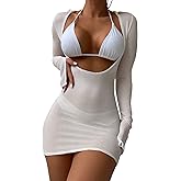GORGLITTER Women's Crochet Bikini Cover Up Dresses Long Sleeve Beach Bathing Suit Swimsuit Coverups Dress Summer 2025