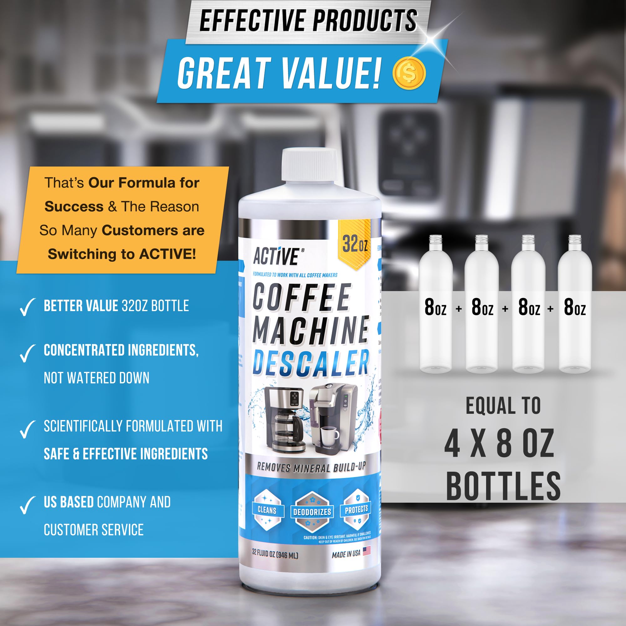 ACTIVE Coffee Machine Descaler Descaling Solution - 32oz (8 Uses) Compatible with Keurig,Nespresso,Breville,Delonghi, Jura, Ninja - Espresso Coffee Maker Cleaner,Coffee Pot Cleaning Limescale Remover