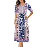 ETOSELL Womens Nightgown Short Sleeve Pleated House Dress Crew Neck Floral Print Boho Sleepwear with Pockets
