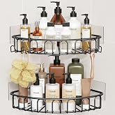 Orimade Corner Shower Caddy Stainless Steel with Hooks Wall Mounted Bathroom Shelf Storage Organizer Adhesive No Drilling 2 Pack, Black Only for 90-Degree Corner