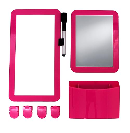 Inkology Magnetic Locker Organizer 8-Piece Set with Mirror, Mini Dry Erase/Whiteboard, Dry Erase Pen, Magnetic Clips and Utility Bin, Rosy Pink