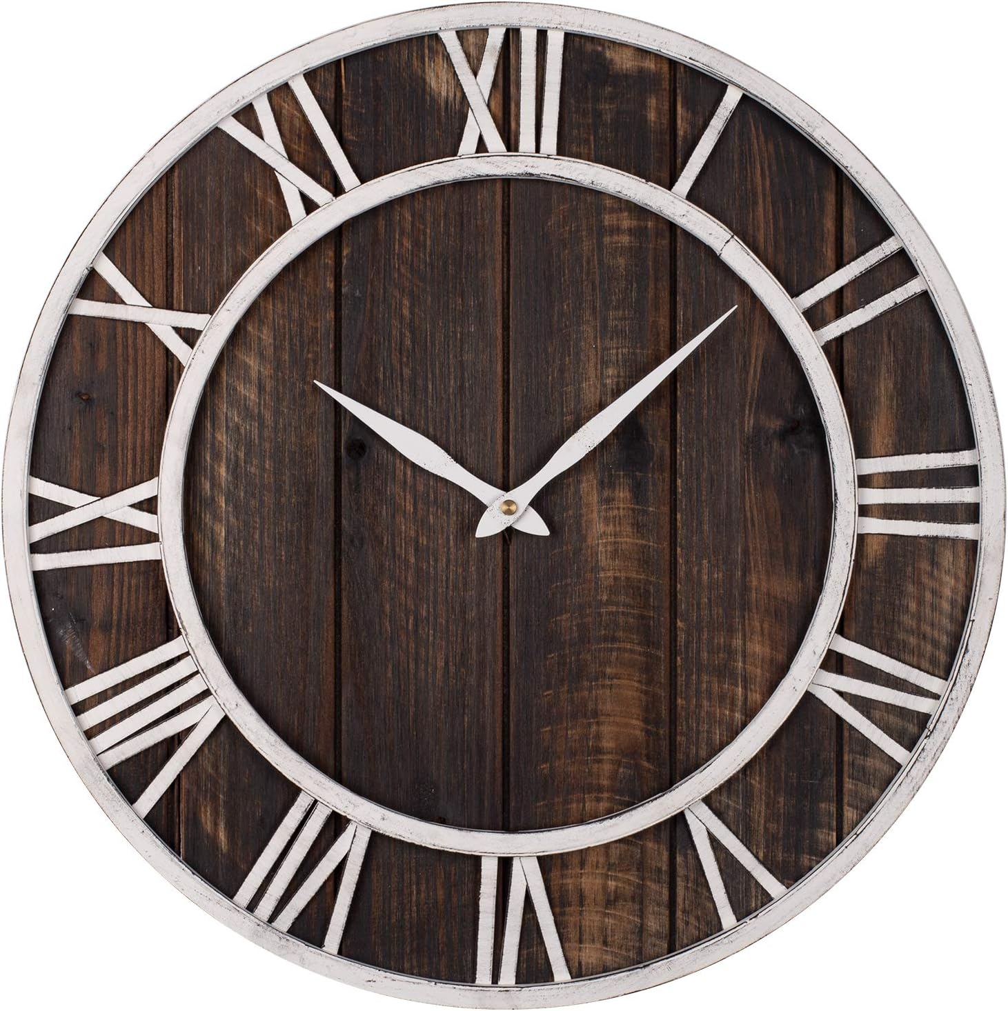 BEW Large Wall Clocks, 18 inch Vintage Dark Spruce Wood with Distressed Roman Numerals Metal Frame, Rustic Silent Farmhouse Decorative Clock for Home, Living Room, Dining Room, Bedroom, Kitchen