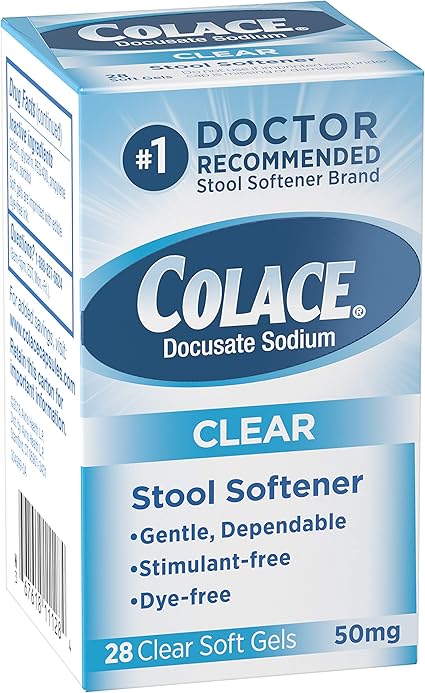 Amazon Com Colace Clear Stool Softener 50mg Soft Gels 28 Count Docusate Sodium Stool Softener For Gentle Dependable Relief Doctor Recommended Health Personal Care