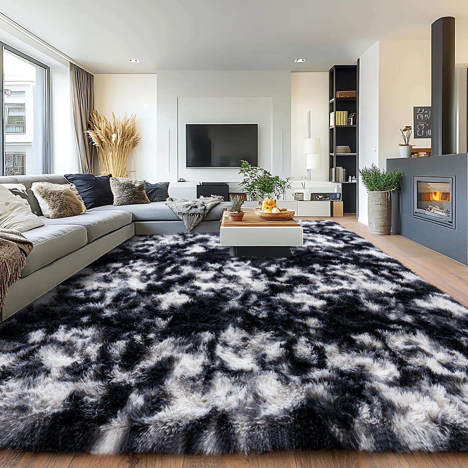 Photo 1 of Pionblank 9x12 Area Rug, Large Area Rug for Living Room, Shag Rug for Bedroom, Soft Furry Non Slip Carpet for Kids Room Nursery Teens Dorm Home Decor, Black White