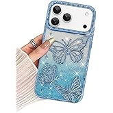 BITOBE Designed for iPhone 17 Pro Max Case 2025, Cute 3D Butterfly Slim Plating Glitter Bling Luxury Cover for Women Girls Protective Camera Protection Bumper 6.9" Blue