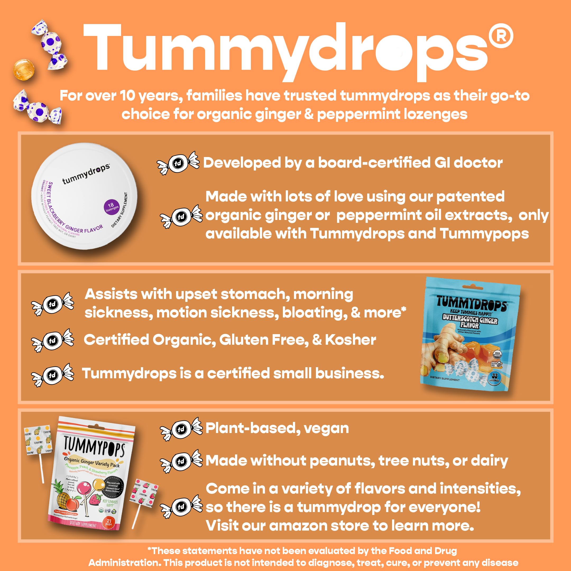 Tummydrops, Natural Peppermint, Gluten Free & Vegan, 33 Individually Wrapped Pure Peppermint Oil Lozenges Made with Organic Ingredients