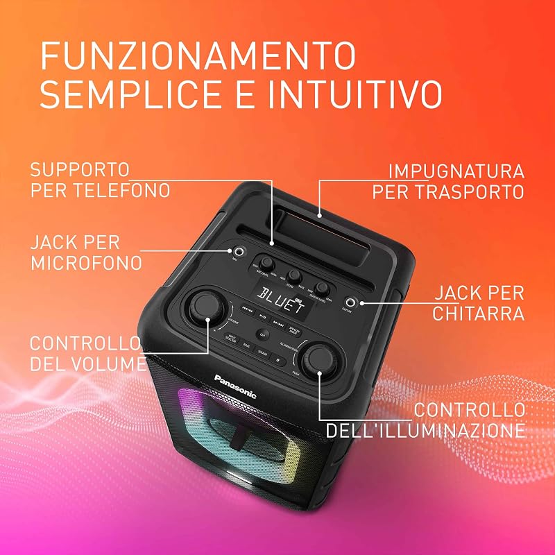 SC-BMAX10E-K Altoparlante Portatile per Feste con Bluetooth, Luci Integrate, 150W, USB, Ingresso Ottico per TV, Ingressi Chitarra e Microfono per Karaoke, Nero