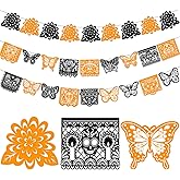 HOWAF 27pcs Day of The Dead Papel Picado Banner, Felt Dia De Los Muertos Sugar Skull Marigold Butterfly Hanging Garland for Mexican Dia de Los Muertos Altar Decor, Black Orange Cinco De Mayo Flag