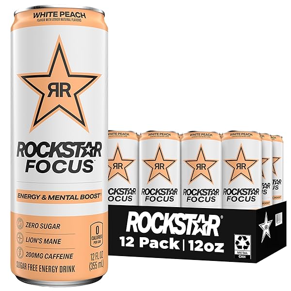 ROCKSTAR FOCUS, WHITE PEACH, 12 FL OZ CANS...