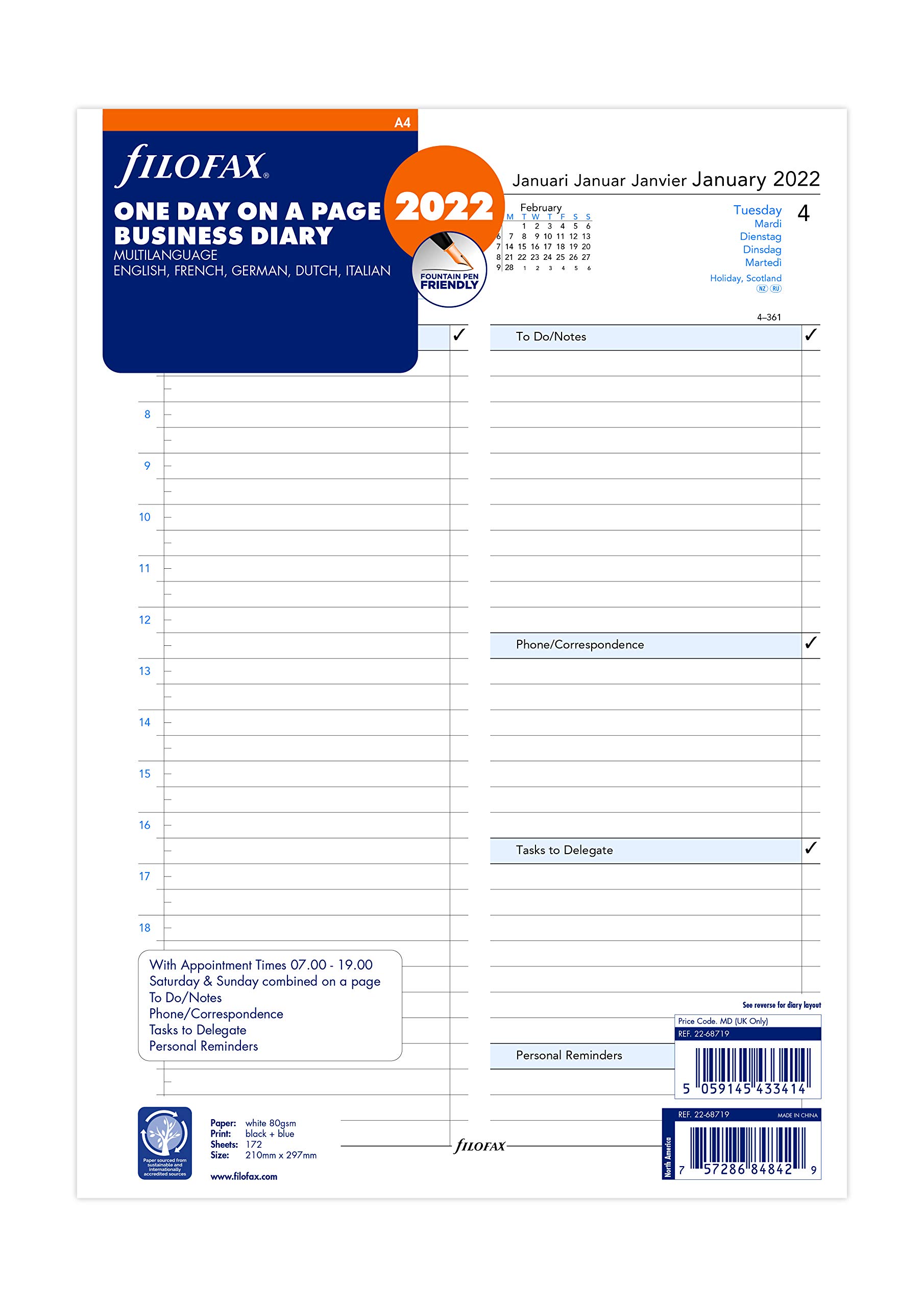 Filofax A4 Day per Page 5 Language appointments Diary - 2022, 2268719