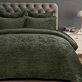 PHF Luxury Velvet Quilt Set Queen Size – 3PCS Ultra Soft Quilted Comforter Alternative with Striped Channel, Cozy Quilted Bedspread, 1 Coverlet with 2 Matching Shams, 90" x 92", Smokey Olive