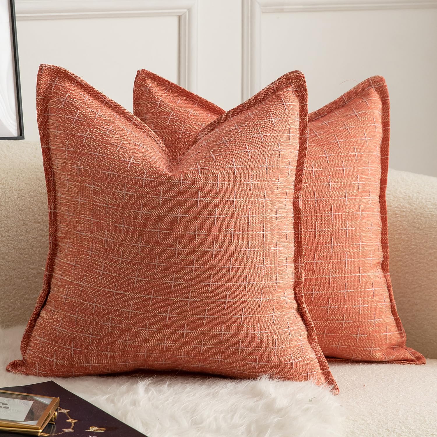 Mandioo Pack of 2 Burlap Linen Cushion Covers Woven Textured Modern Farmhouse Throw Pillow Cases Decorative Couch Sofa Bed Living Room 16 x 16 Inch 40x40 cm Red