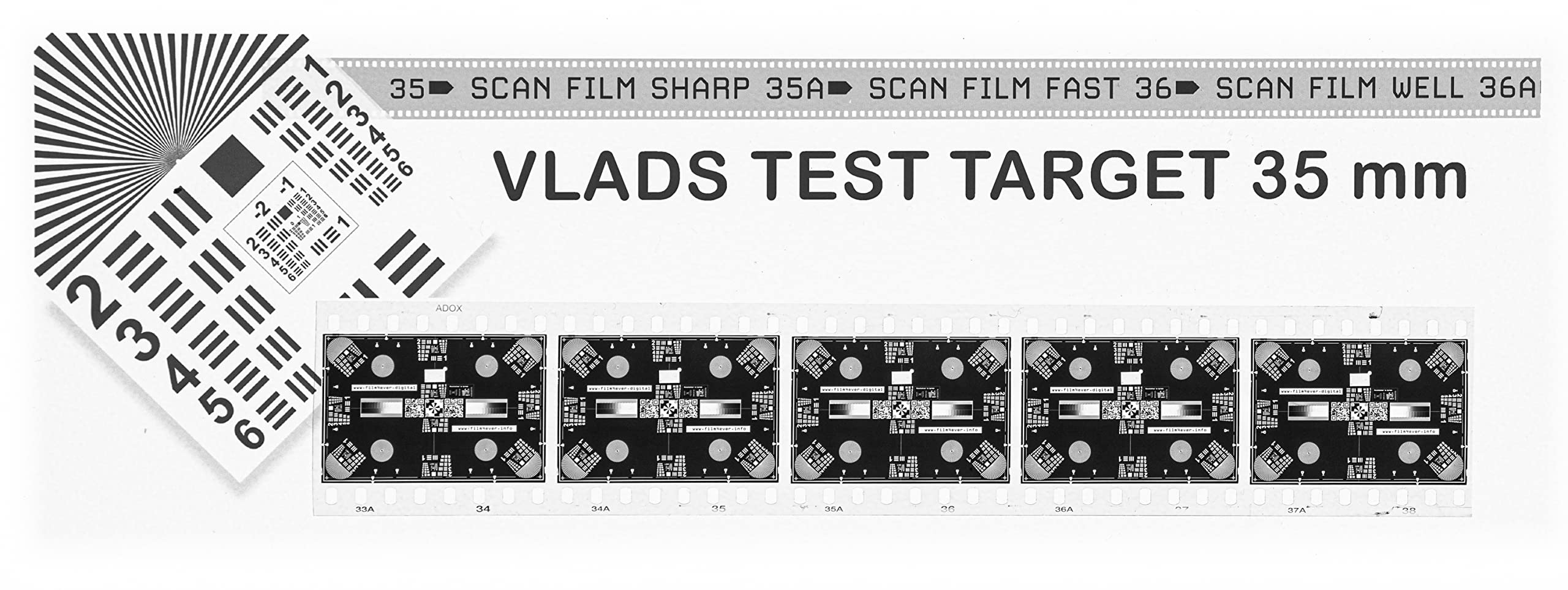 Scan Film Sharp with Vlads Focus Checker. 35 mm High-Resolution Calibration Target Chart for Camera Scanning. Explore The Full Potential of Your Lens – Sharpness and Resolution. Frames per Strip 5.