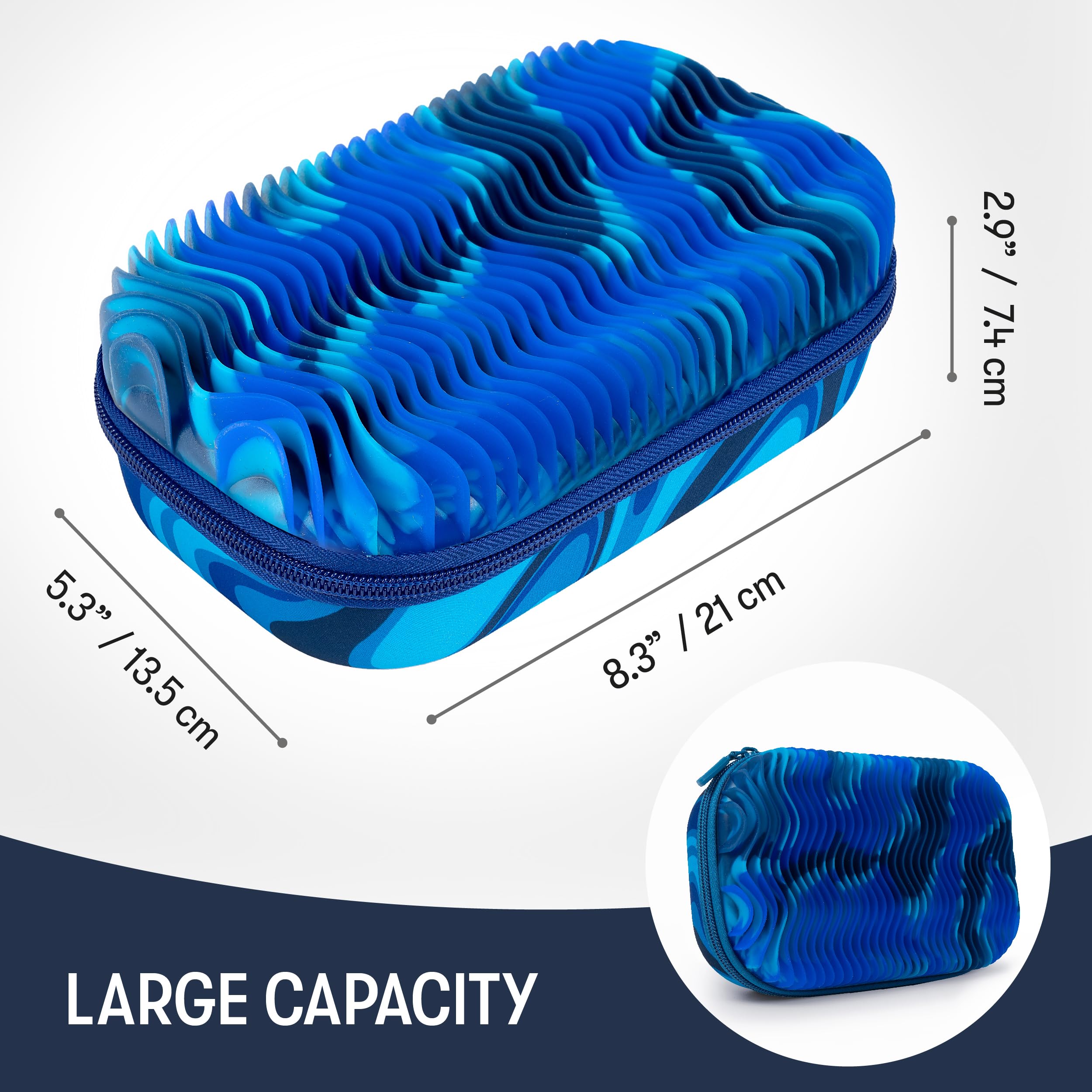 ZIPIT Wavy Pencil Box for Boys | Fidget Box | Silicon Sensory Case | Large Capacity Pencil Case (Blue)
